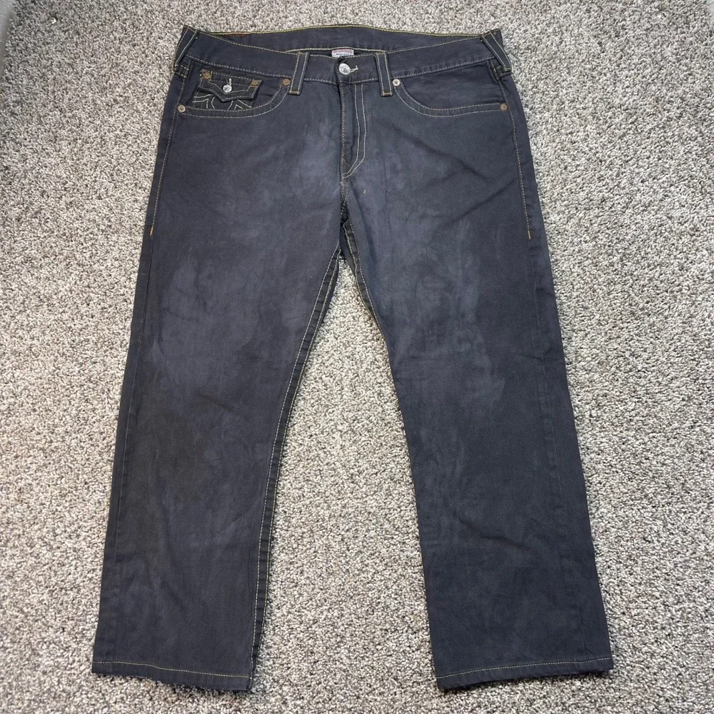 True Religion Ricky Men's 40x27 Straight Leg Jeans Black‎ Yellow Stitch USA Made